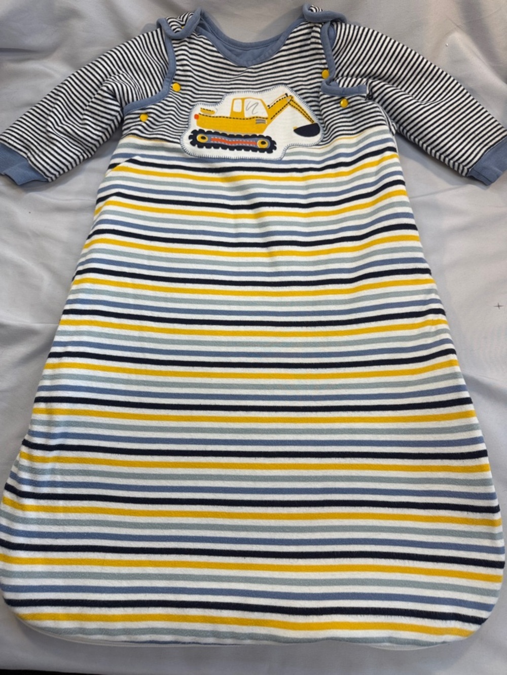 Striped Yellow & Blue Kids Sleep Sack with Excavator Applique